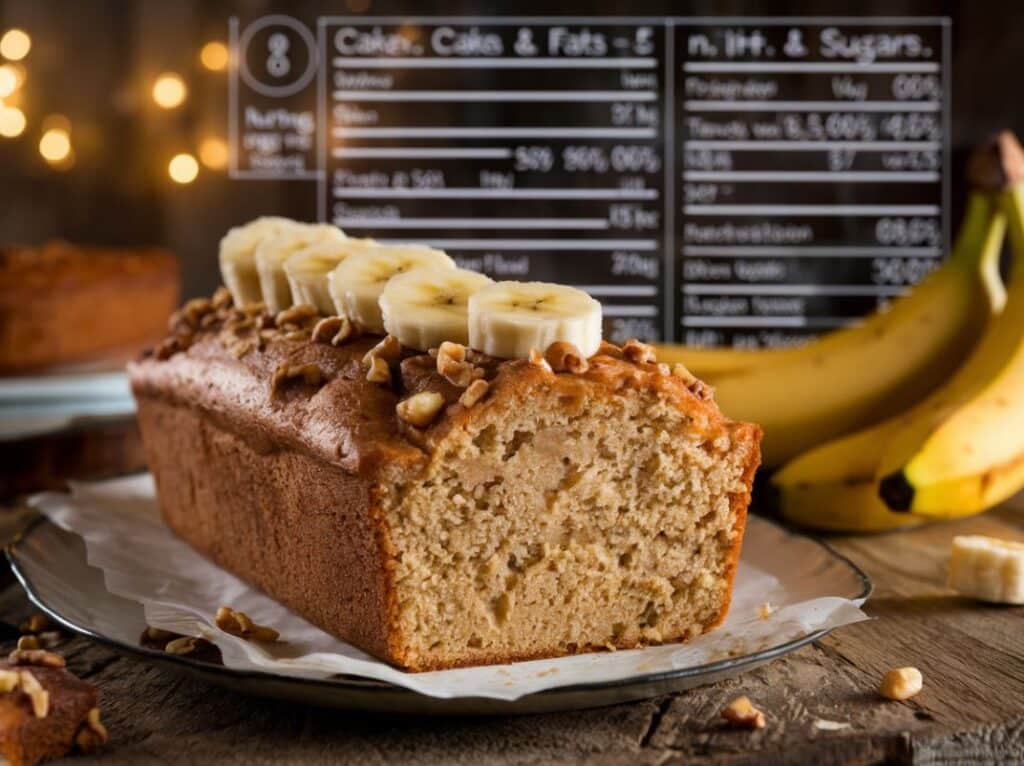 Close-up of a freshly baked banana bread loaf topped with banana slices and walnuts, with a nutrition facts board in the background.