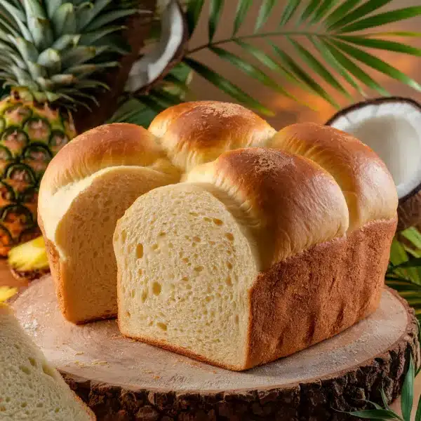 Freshly baked Hawaiian bread with a golden-brown crust and soft, fluffy interior, placed on a rustic wooden board with tropical elements like pineapple and coconut in the background.