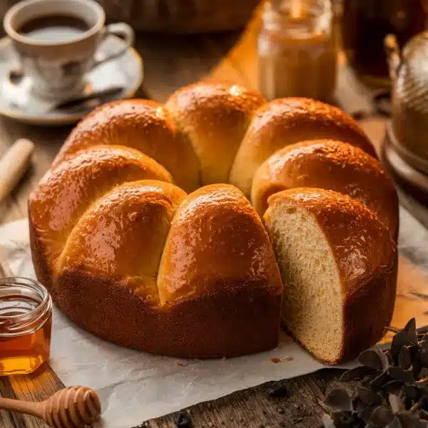 Close-up of a freshly baked golden Portuguese Sweet Bread with a glossy crust and soft, fluffy interior. A slice is cut out to show the airy crumb, served with coffee and honey in a cozy setting.