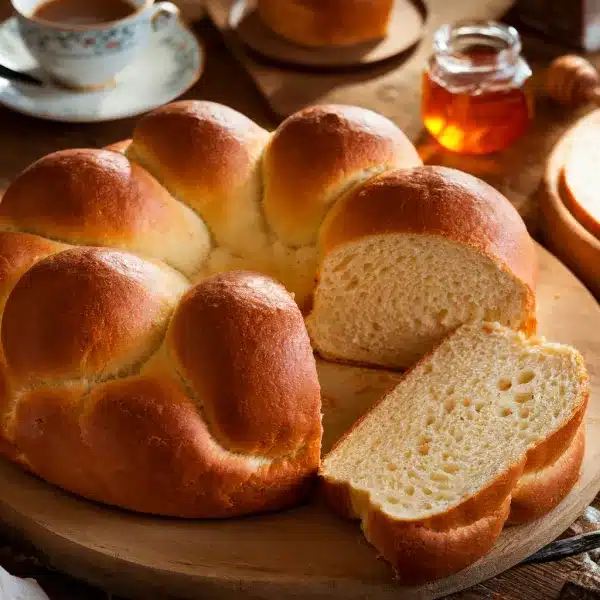 Close-up of a freshly baked golden Portuguese Sweet Bread with a glossy crust and soft, fluffy interior. A slice is cut out to show the airy crumb, served with coffee and honey in a cozy setting.