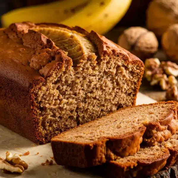 Close-up of a freshly baked classic banana bread loaf with a golden-brown crust and moist, dense interior. Slices reveal specks of banana and walnuts, placed on a rustic surface with bananas and walnuts in the background.