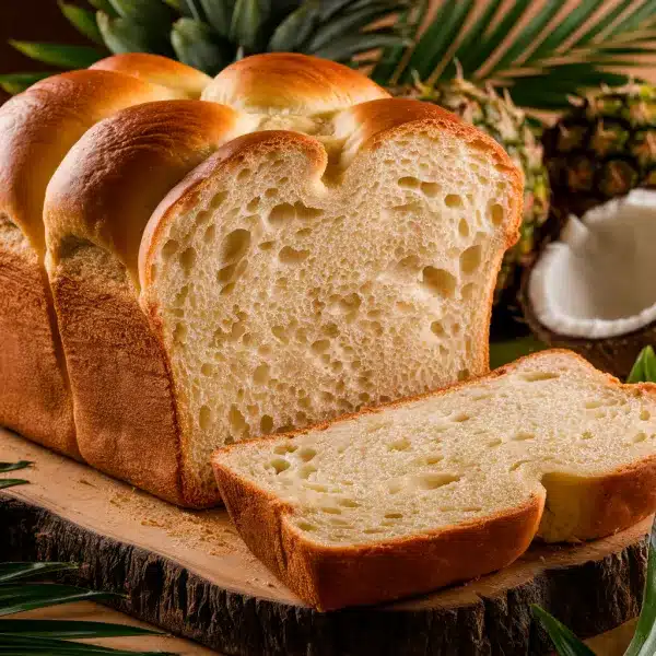 Close-up of a golden-brown, fluffy Hawaiian bread loaf with a soft, airy interior. A slice is cut, revealing the delicate crumb. The loaf sits on a rustic wooden board, with tropical elements like pineapple and coconut in the background.