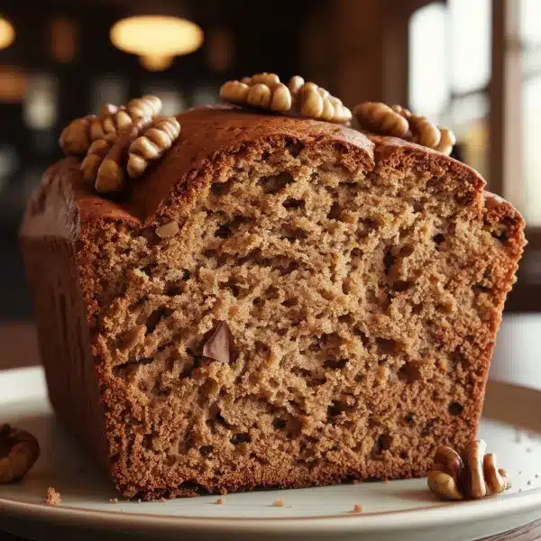 Close-up of a freshly baked Starbucks-style banana bread loaf topped with walnuts.