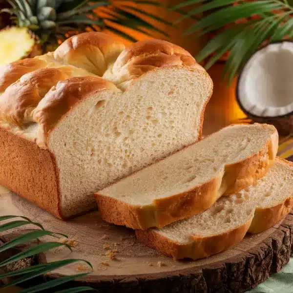 A close-up of a freshly baked Hawaiian bread loaf with a soft, fluffy interior and golden-brown crust. Two slices are cut, showing the pillowy texture, surrounded by tropical accents like pineapple, coconut, and palm leaves.