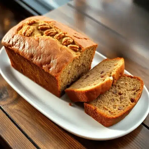 A close-up of a freshly baked loaf of Starbucks Banana Bread with a golden-brown crust and walnuts on top. The bread is placed on a white serving plate with two slices cut, revealing a moist and dense interior.