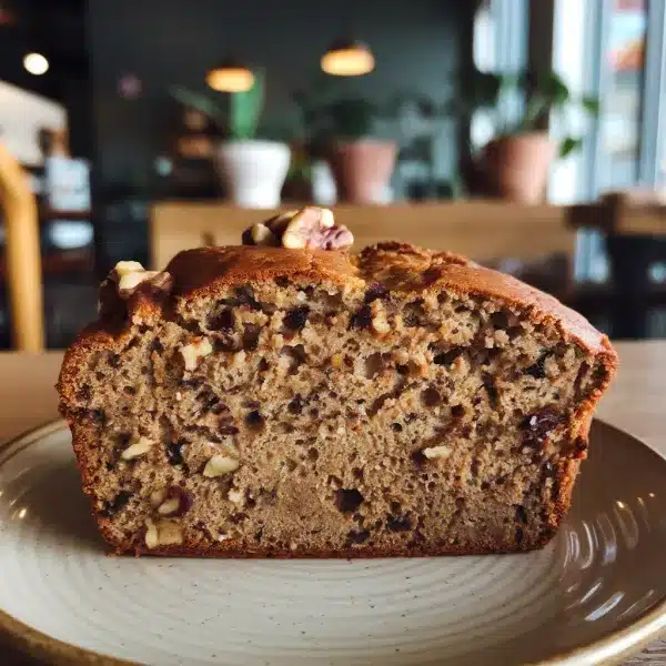 Close-up of a freshly baked Starbucks-style banana bread loaf topped with walnuts.