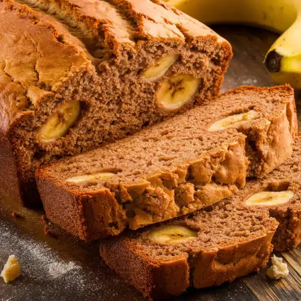 Close-up of sliced banana bread without butter, showing a golden-brown crust and soft texture with visible banana pieces, placed on a wooden surface with ripe bananas in the background.