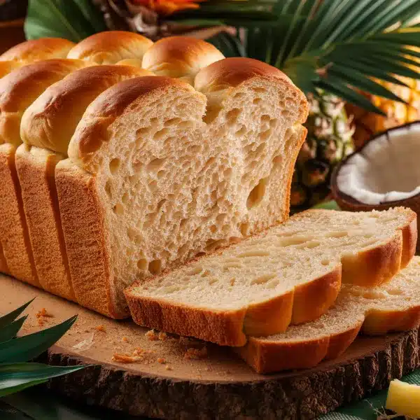 Freshly baked Hawaiian bread with a golden-brown crust and soft, fluffy interior, placed on a rustic wooden board with tropical elements like pineapple and coconut in the background.