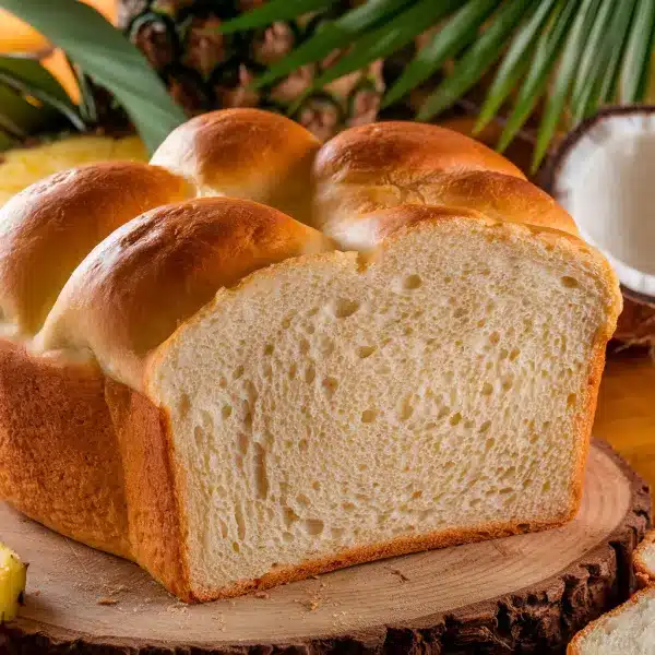 Freshly baked Hawaiian bread with a golden-brown crust and soft, fluffy interior, placed on a rustic wooden board with tropical elements like pineapple and coconut in the background.